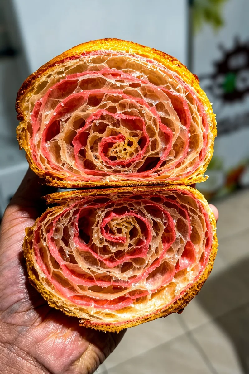 Corte de um croissant bicolor mostrando as camadas e os alvéolos do miolo