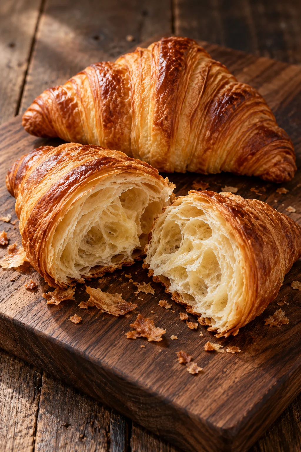 Croissants tradicionais dourados, com casquinha em lâminas e miolo aberto à mostra; imagem ilustrativa